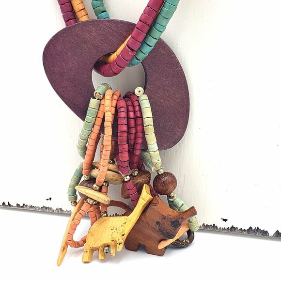 Elephant Giraffe Green Orange Red Wood Beads Fetish Necklace Boho Chic Festival - Picture 5 of 9